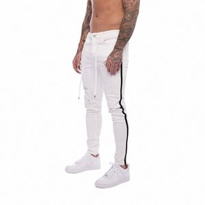 Jeans blancs déchirés pour hommes Casual Slim Denim Pantalon Side-Stripe Skinny Crayon Pantalon Biker Stretch Jeans Fi Hommes Vêtements X1Uz #