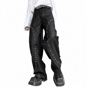 Pantalon Cargo à rivets pour hommes, ample, décontracté, Harajuku, Streetwear Fi, noir foncé, Punk, Hip Hop, jambes larges, pantalon de moto, N0Y6 #