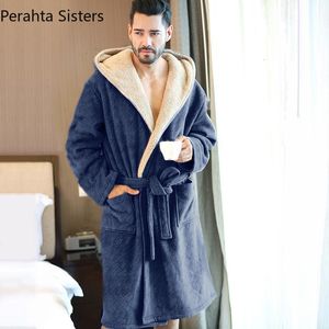 Robes pour hommes corail cachemire hiver peignoir hommes bleu confort flanelle à capuche peignoir avec ficelle mâle épais chaud robe de chambre 221208