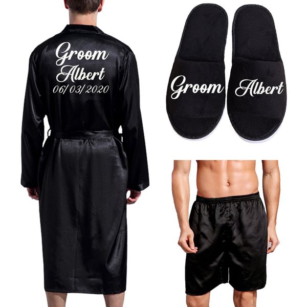 Batas de hombre Bata de novio Emulación Seda Suave Albornoz casero Camisón para hombres Kimono Nombre y fecha personalizados para fiesta de bodas 230322