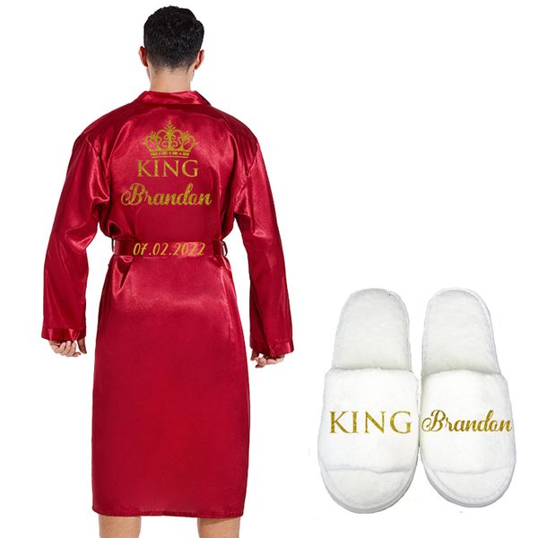 Robes pour hommes roi marié Robe émulation soie douce maison peignoir chemise de nuit pour hommes Kimono personnalisé nom Date personnalisé pour la fête de mariage 230313