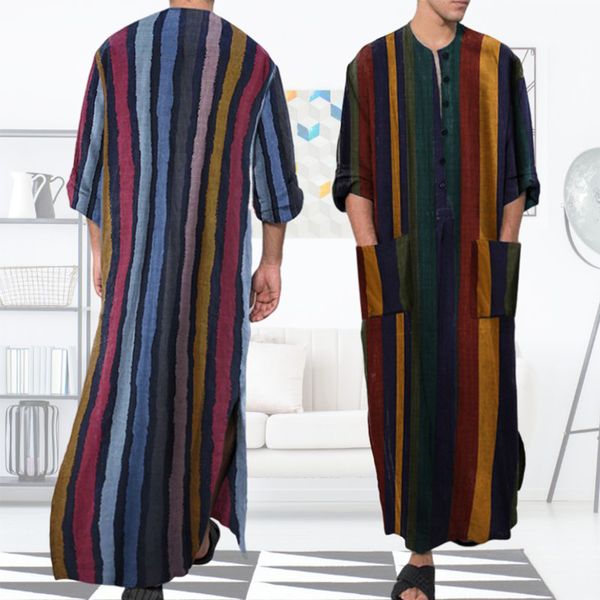 Robes pour hommes Robes de chemise de nuit pour hommes Chemise rayée arabe Vêtements ethniques Manches longues Rétro Kimono Maison Jupe Coton Peignoir Lingerie 230313