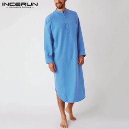 Men's Robes Robes pour hommes Robes de sommeil pour hommes couleur unie coton à manches longues confort loisirs Homewear col rond chemise de nuit peignoirs pour hommes INCERUN S-5XL 7 231212