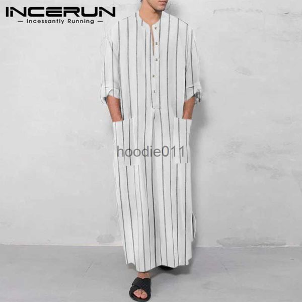 Robes pour hommes Hommes rayé mince Jubba Thobe O-cou Long Sle Vintage Hommes Kaftan Islamique Arabe Robes Poches 2023 Caftan S-5XL L231130