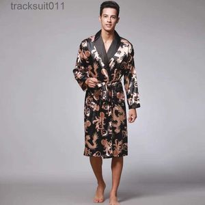 Herengewaden Heren Zomer Herfst Kimono Badjas Zijde Satijn Gouden Draak Lange Badjas Plus Size Kamerjas Knielengte Zwart Nachtkleding L231130