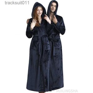 Men's Robes Hommes hiver Extra Long grande taille à capuche chaud flanelle peignoir longueur cheville corail polaire Robes de bain femmes robes de chambre vêtements de nuit L231130