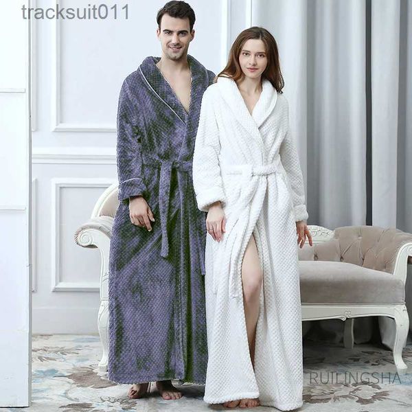 Men's Robes Hommes hiver grande taille Extra Long flanelle peignoir épais chaud solide coquille corail polaire peignoir de bain femmes robe de chambre chaude vêtements de nuit L231130