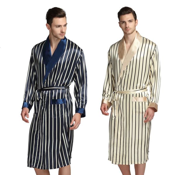 Peignoirs pour hommes Pyjamas en satin de soie pour hommes Pyjama Pyjamas PJS Vêtements de nuit Robe Robes Chemise de nuit Robes S M L XL 2XL 3XL Plus Beige Bleu Rayé 230512