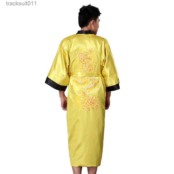Robes pour hommes Rrsible Noir w Robe de satin pour hommes chinois Tradition Broder Dragon Vêtements de nuit Kimono Peignoir S M L XL XXL XXXL L231130