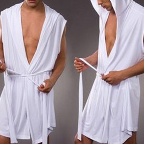 Hommes s Robes été lait soie peignoir à capuche sans manches pyjamas minceur moyen et long ajustement ménage vêtements 230802