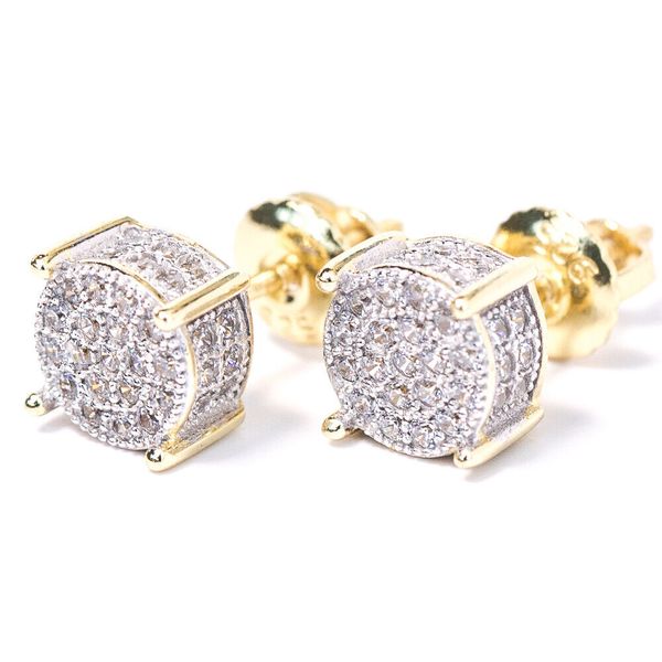 Boucles d'oreilles à tige rondes pour homme plaquées or 14 carats à 4 griffes CZ Micro Pave Hip Hop