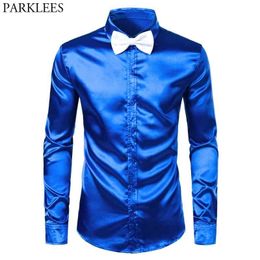 Heren Royal Blue Silk Satin Dress Shirts met White Bowtie Slim Fit Lange Mouwen Mannen Tuxedo Shirt voor Party Bruiloft 3XL 210522