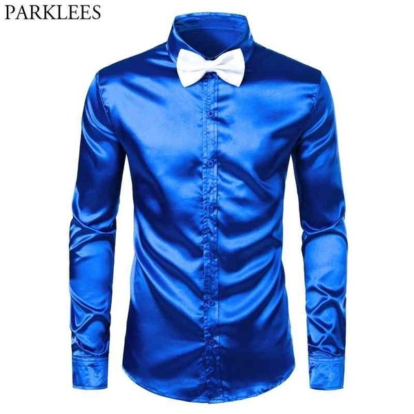 Chemises habillées en satin de soie bleu royal pour hommes avec noeud papillon blanc Slim Fit manches longues hommes chemise de smoking pour mariage de fête 3XL 210522