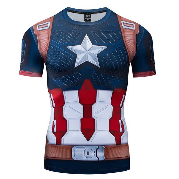 T-shirt de course à manches courtes pour hommes, Sport, super-héros Captain America, Compression 3D, séchage rapide