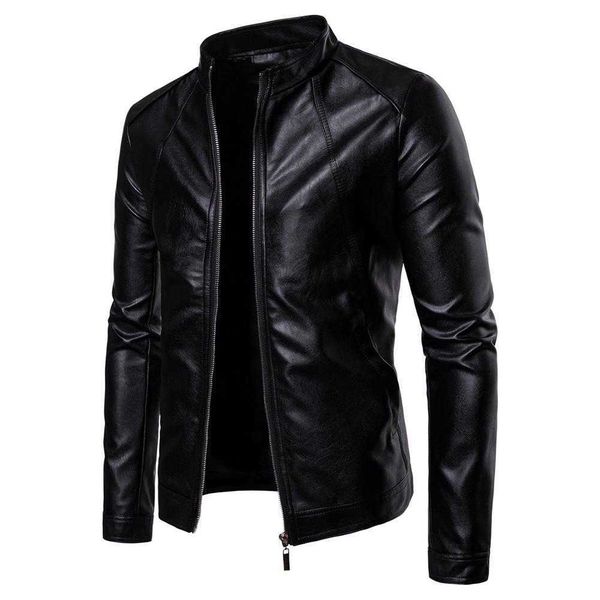Veste S-lim pour hommes Mode Couleur unie Moto Vestes d'hiver Chaqueta Hombre Coupe-vent Veste en cuir noir Kurtka X0621