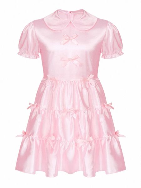 Costumes Girly en satin pour hommes Sissy Crossdring Lingerie Dr French Maid Pyjamas Manches bouffantes Bowknot Ruffle Dr O6hk #