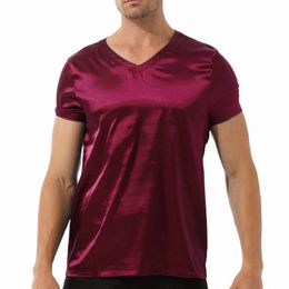 Vêtements de nuit en satin pour hommes Crop Tops T-shirt Chemise de nuit Chemise de nuit de couleur unie Nightdr Vêtements de nuit Pyjamas pour hommes Loungewear Tops e2Za #