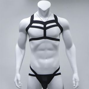 Costumes Sexy pour hommes Gay Night Club Wear Nylon Bondage Sous-vêtements Strings G String Halter Neck Body Poitrine Harnais Male Lingerie 295M