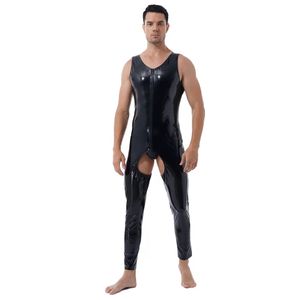 Sexy kostuums voor heren pvc helder lederen jumpsuit sexy bodysuit game fun strak catsuit open crotch