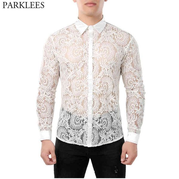 Chemise boutonnée en résille sexy pour hommes à manches longues style discothèque maille voir à travers les chemises habillées fête événement dentelle chemisier transparent 2XL 210522