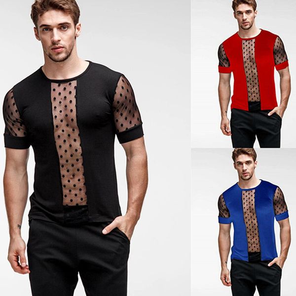 Camiseta transparente de malla Sexy para hombre, camisetas ajustadas con estampado de lunares para hombre, camisetas transparentes de manga corta de verano