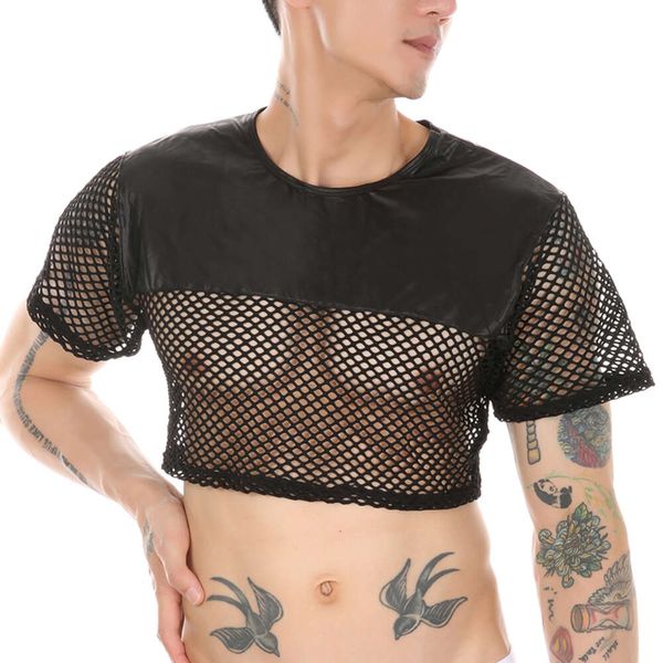 Camiseta Sexy porno de encaje de PU con agujeros para hombre, camiseta sin mangas ultrafina, Top transparente calado suave, lencería exótica, traje de rendimiento