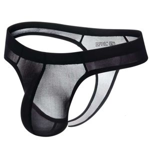 String soyeux Sexy pour hommes, Lingerie érotique transparente, sous-vêtements avec poche bombée, String G, culotte arrière en T, Bikini