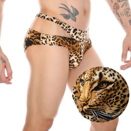 Cuecas masculinas sexy com alça fina ultrafina, cintura baixa, cinto de personalidade, estampa de leopardo, calcinha u convexa, roupa íntima apertada