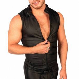 Top sexy pour hommes Gilet Leathe Nightclub Costume Vintage Faux Cuir Zip Breft Brewable Sleeve Party Maly Party Top M-2XL 48LR #