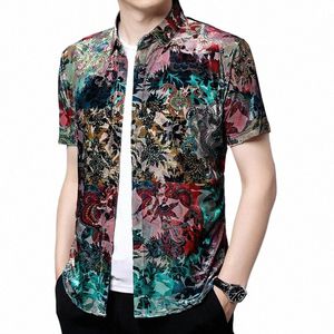 Mannen Sexy Transparante Velours Shirts 2022 Zomer Frs Zijde Veet Tops Mannelijke Korte Mouw Bloemen Kleding Dr Shirts m9Sy #