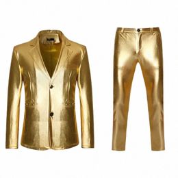 Hommes brillant or 2 pièces costumes Blazer + pantalon Terno Masculino Fi Party DJ Club Dr Tuxedo costume hommes scène chanteur vêtements A2oN #