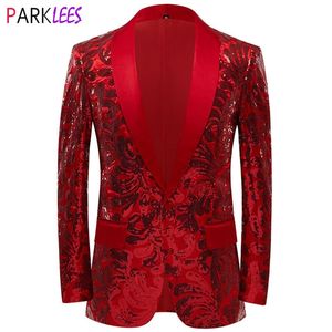 Paillettes rouges brillantes pour hommes Blazer Costume Floral Veste Un Bouton Châle Revers Tuxedo Blazers Fête De Mariage Banquet Costume De Bal Homme 220815