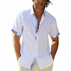 Camisa de los hombres a tope abajo camisa casual playa de verano manga corta bloque de color solapa ropa de resort diario confiable y cómodo G7ef #