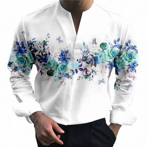 Chemise pour hommes imprimés graphiques floraux col montant rue en plein air manches LG vêtements imprimés vêtements Fi Designer décontracté confort v77F #