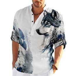 Camisa Masculina Camisa de Linho Animal Lobo Estampas Gráficas Gola Ao Ar Livre Rua Manga Comprida Estampa Vestuário Linho Moda Streetwear Estilista Casual