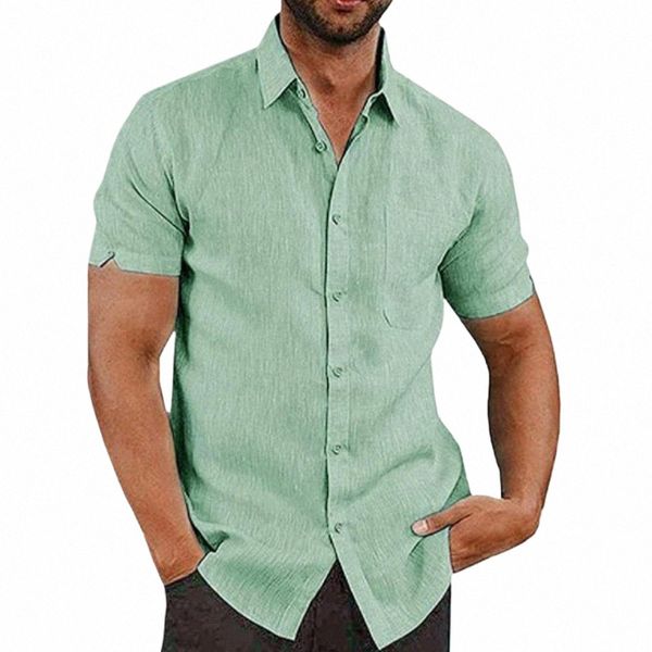 Chemise pour hommes Été Nouveau Style de plage Tops Solide Cott Linge Revers Léger Butt Up Manches courtes Casual Vacances Chemises simples 04oE #