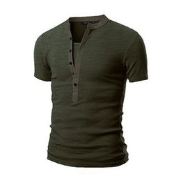 Chemise homme col en V bouton Muscle décontracté coupe ajustée manches courtes solide T-Shirt armée vert hauts noirs Tshirts230H