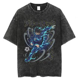 Heren S-shirts Anime Blue Lock Washed T-shirt Isagi Yoichi T-shirt Oversized korte mouw Tops Manga Tees 100 katoen Vintage Haruku Streetwear 230424