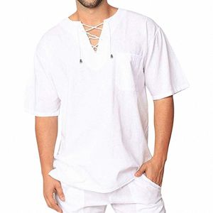 Chemises pour hommes Cott Lin manches courtes respirantes à lacets T-shirt à col en V d'été Casual Blouse de poche T-shirt Homme Streetwear Top k5YO #