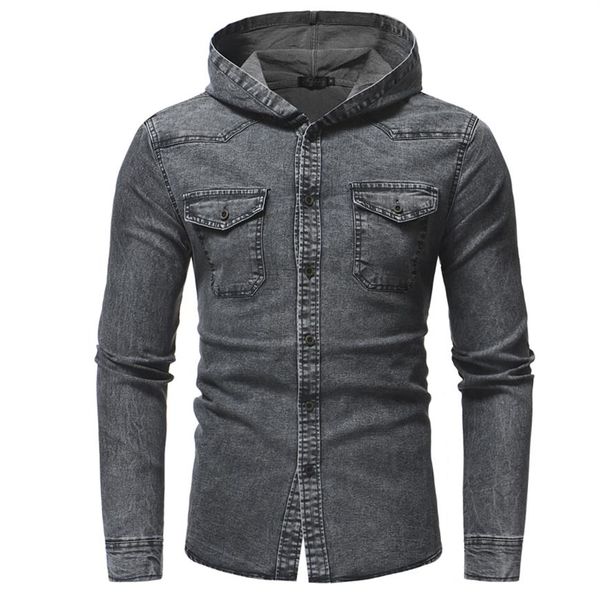 Chemises homme chemise en jean homme à capuche Pocekt gris chemise sociale simple boutonnage Blusa De Frio Masculina satin NZ6723226