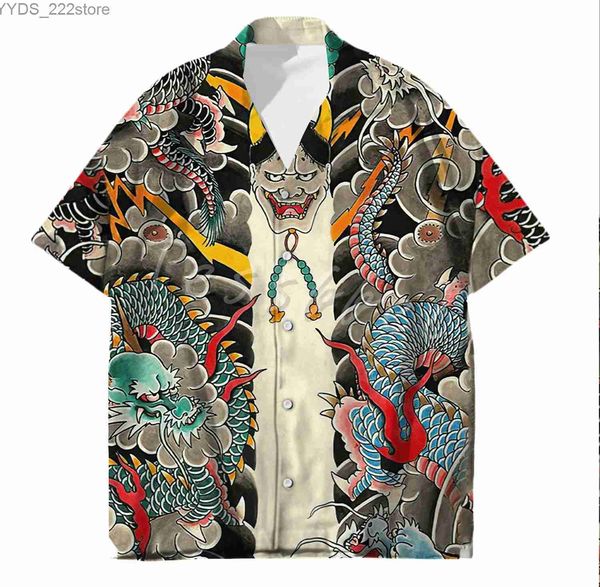 Chemises masculines Tessffel Samurai Tatouage japonais 3d Mens Haian Beach Shirt Fashionable Summer Harajuku Oversize Street Clothing YQ240422