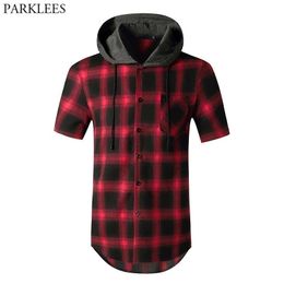 Sweat à capuche à manches courtes pour hommes Chemise à carreaux Hip Hop Mode Streetwear Chemises à manches courtes Lâche Casual Check Top Shirt Chemise Homme 210522