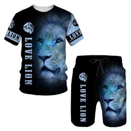 Camiseta de manga corta para hombre + Pantalones cortos, traje de dos piezas, camisetas divertidas con estampado de León, moda Hip Hop Harajuku, conjuntos de verano para niños de gran tamaño