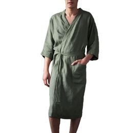 Heren Nachtkleding Korte Mouwen Linnen Pyjama Robe Lange Badjassen Lange mouwen Bad Male Home Effen Kleur Verdikking Dressing Jurk 8.7