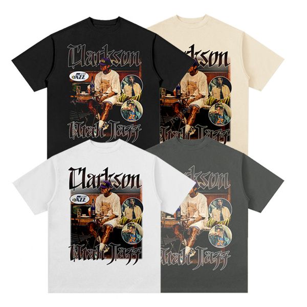 Camiseta de manga corta para hombre Verano Nueva Europa y Estados Unidos Tendencia Jugador de pelota Clarkson Impresión Tops de manga corta de algodón pesado americano