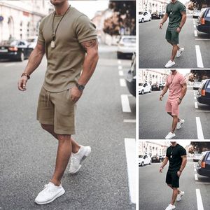 Trajes deportivos cortos para hombres Trajes de 2 piezas Traje de verano Ropa deportiva Atleta Suelto Gimnasio Entrenamiento Jogging Chándales Camiseta de secado rápido + Conjunto de pantalón