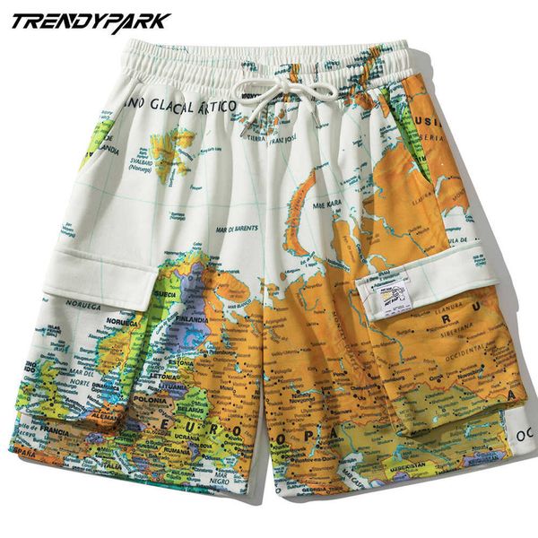 Short d'été pour hommes Hip Hop surdimensionné Europe Carte Imprimer Poches Polyester Streetwear Harajuku Pantalon de survêtement Cordons Casual Shorts 210601