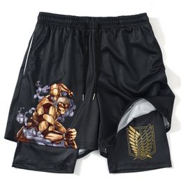 Heren Shorts 2 In1 Performance Shorts naar Gym Fitness Attack on Titan Eren Print Anime Shorts Heren Dames Zomer Mesh Sneldrogende sportshorts 230601