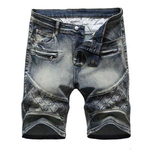 Heren shorts 2021 Zomer Nieuwe heren denim korte jeans mode casual slank fit hoog quty dunne katoenen geborduurde shorts mannelijke merk kleding t240507