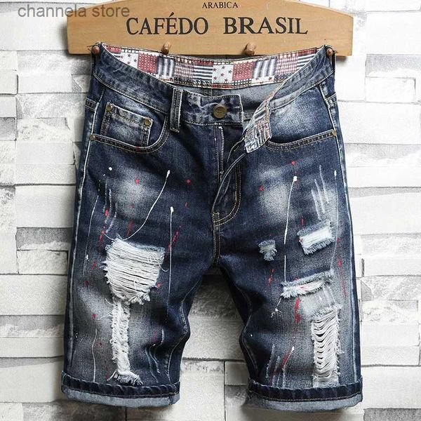 Pantalones cortos para hombres 2022 Moda Graffiti Ripped Mens Jean Shorts Patch Raggedy Five Cent Beggar Denim Pantalones de alta calidad Jeans Hombres Ropa T240202